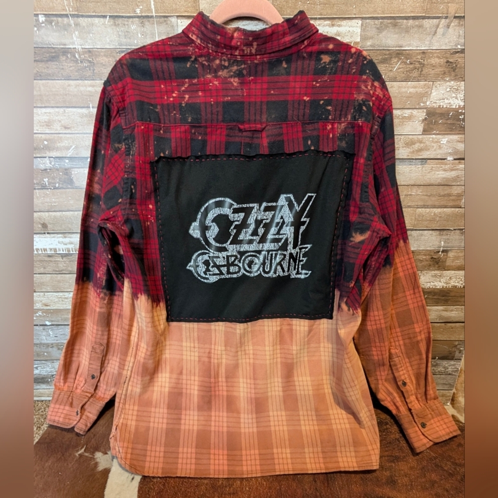 Ozzy Osbourne Upcycled Dip Dye Bleached Flannel Shirt